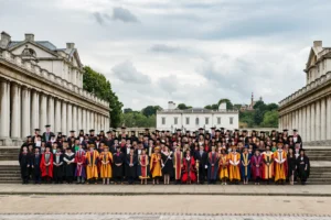 A graduation ceremony picture. All the years graduates in one picture, gowns, mortar boards, architectural buildings. Devon Photographer - Robb webb